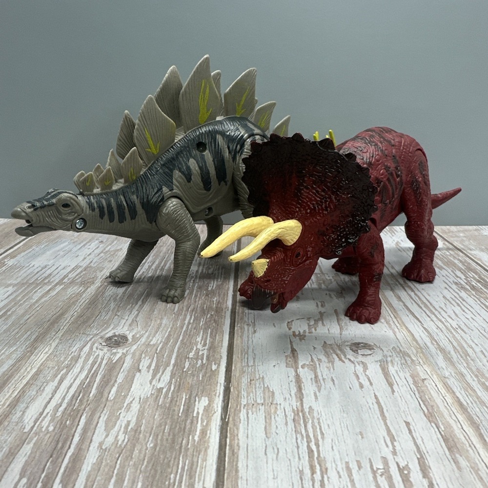 2 Kid Galaxy Dinosaur Roaring Toy Figures Stegosaurus & Triceratops